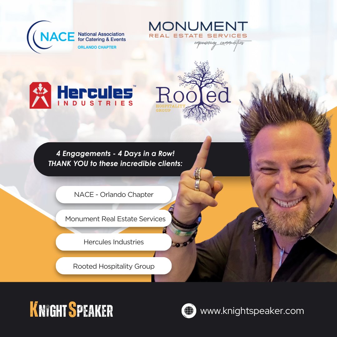 KnightSpeaker's tweet image. 4 Engagements - 4 Days in a Row!
Big time thanks to each of these awesome clients for ordering books and hiring me to deliver some rock-oriented, impactful edutainment.

#honored #grateful #CultureThatRocks #LeadershipThatRocks #ServiceThatRocks #EngagementThatRocks