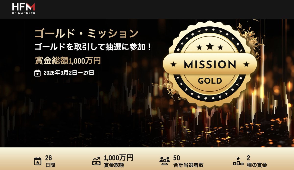 CB99official's tweet photo. 📢【HFM】✨ゴールド・ミッション✨

ゴールドを取引して、抽選に参加しよう！
✨賞金総額1,000万円・50名に当たる✨

📅期間: 2026年3月2日月曜日 ～ 3月27日 金曜日23:59 (日本時間)
👥対象：新規・既存のお客様全員

🏆賞金
ティア1: 10名様に2500USドル (386,000円)
ティア2: 40名様に1000USドル (155,500円)

🎟 参加方法
プロモーション開始後、myHF＞プロモーション＞ ゴールド・ミッション から規約に同意し参加

ティア1: ゴールド(XAUUSD)を150ロット以上取引で抽選に参加✨
ティア2: ゴールド(XAUUSD)を70ロット以上取引で抽選に参加✨

📝対象口座
ボーナス・プレミアム・セント・プロ・ゼロ口座
※デモ口座およびコピー口座は対象外

⚠️注意点
取引ロット数について以下の通りで計上されます。
・セント口座の取引量は1標準ロットの100分の1ロット
・プロ口座・ゼロ口座はの取引量は1標準ロットの3分の1ロット
・注文から決済まで2分以上保有されたポジションの取引量が計上されます。

まずはここから登録して、キャッシュバックも一緒に貰っちゃいましょう！
🔻🔻🔻
https://t.co/F8vgrtn8sT

#FX #キャッシュバック #HFM