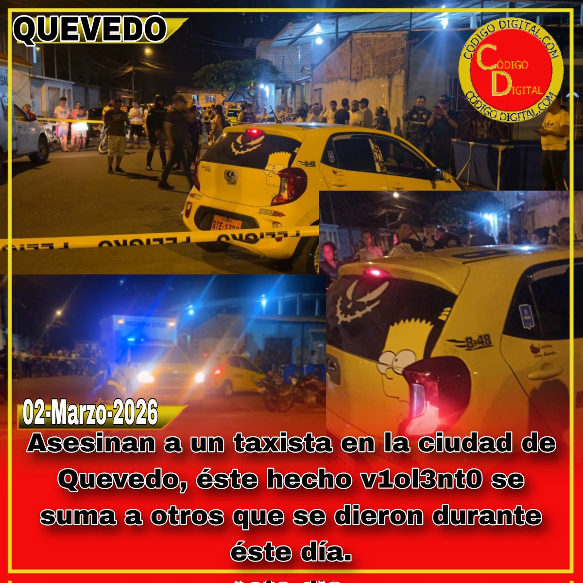 #QUEVEDO🔴

La noche de éste Lunes un taxista fue @s3sin@d0 con impactos de bala en la Av Jaime Roldós de la parroq #VivaAlfaro en la ciudad de #Quevedo. Éste hecho v1ol3nt0 se suma a otros sucesos ocurridos durante el día en la ciudad y aumenta la preocupación de la ciudadanía.