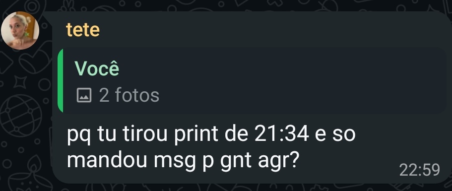 Bicha ela vendo a hr do print e c raiva pq n mandei primeiro p ela n aguento