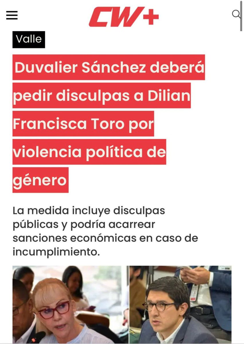 normahurtados's tweet photo. El Consejo Nacional Electoral ha sido claro: el señor Duvalier Sánchez deberá eliminar las publicaciones en las que incurrió en violencia política contra la mujer contra la gobernadora del Valle del Cauca, @DilianFrancisca. Esto no es un asunto menor ni una diferencia política más. Es una línea que no se puede cruzar. En democracia se debate con argumentos, cifras y propuestas. No con ataques personales, descalificaciones ni violencia simbólica contra una mujer que ha sido elegida legítimamente por los vallecaucanos.

Cuando alguien recurre a la agresión y no al debate, deja en evidencia la ausencia de ideas y de resultados. La política no puede convertirse en escenario de odio ni de intimidación. Las mujeres en Colombia no están solas, y mucho menos cuando ejercen liderazgo. Mi respaldo es total a la gobernadora y a todas las mujeres que enfrentan violencia política por el simple hecho de ejercer liderazgo y autoridad.