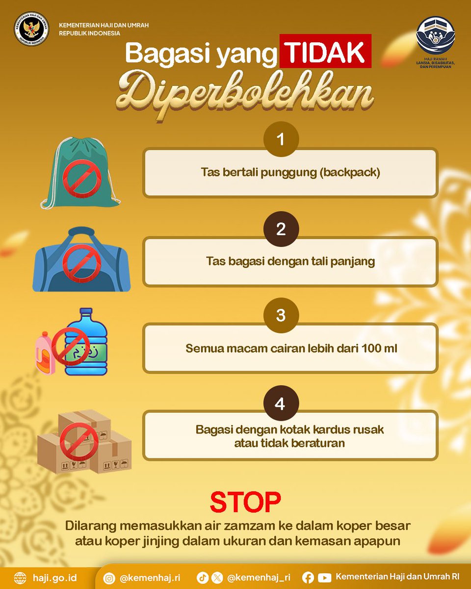 𝐊𝐞𝐧𝐚𝐥𝐢 𝐓𝐚𝐬 &amp; 𝐀𝐭𝐮𝐫𝐚𝐧 𝐁𝐚𝐠𝐚𝐬𝐢 𝐉𝐞𝐦𝐚𝐚𝐡 𝐇𝐚𝐣𝐢

Assalamu’alaikum #SobatHaji

Agar perjalanan tertib &amp; nyaman, kenali 4 tas jemaah haji:
1️⃣ Koper bagasi
2️⃣ Koper kabin
3️⃣ Tas Armuzna
4️⃣ Tas selempang

Perhatikan juga aturan &amp; larangan barang bawaan ya

#Haji