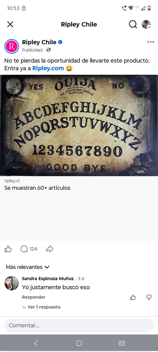 Djcaritadebebe's tweet photo. Que onda @RipleyChile 

Están vendiendo Ouija 
Ajajjajaja foto no está editada https://t.co/NvZUvwoq61