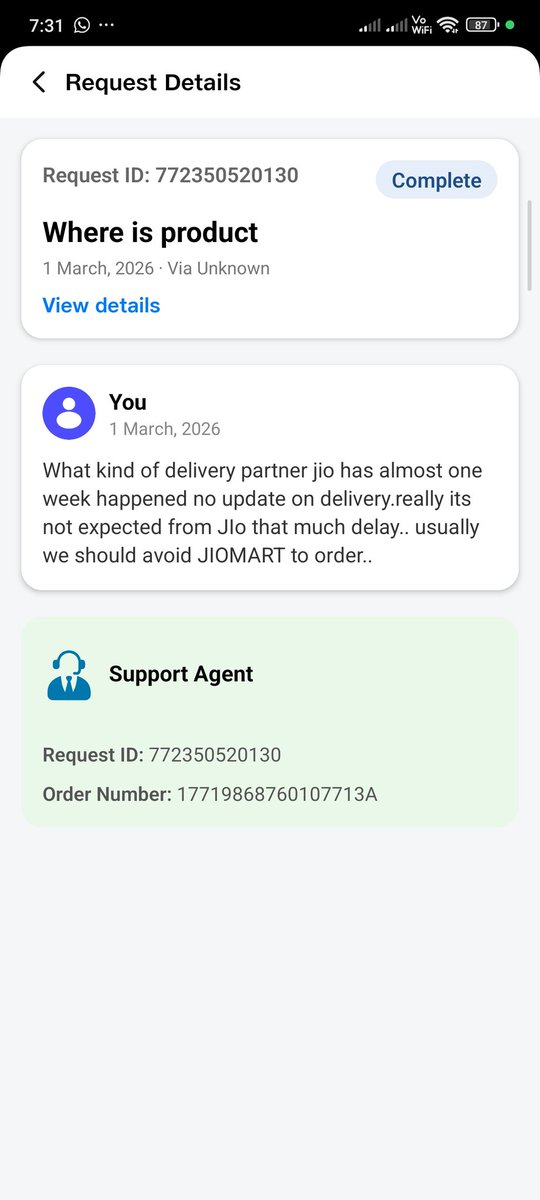 STrueviewh57453's tweet photo. @JioMart_Support #jiomart_Support #india #ICCMensT20WorldCup complain showing completed but no solution till now.even we can see support team to connect but it's not https://t.co/1frddP2EdB update on product status only under process last 10 days what rubbish jiomart v.bad servic https://t.co/NmMoXj7NjU