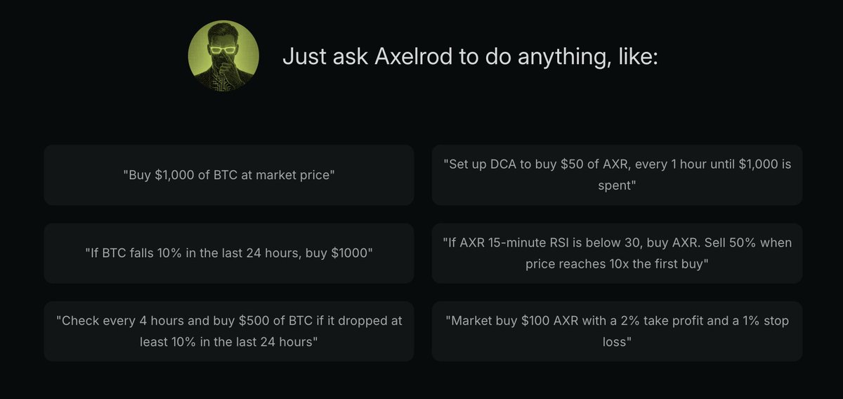 AIxVC_io's tweet image. AIxVC AI Automation is coming to ACP.

@AIxVC_Axelrod will be rolling out a new service....

Soon you’ll be able to place advanced orders — DCA, RSI triggers, limit orders directly via @Butler_Agent.

Agents trading. You delegating. That’s the future.

#ACP
