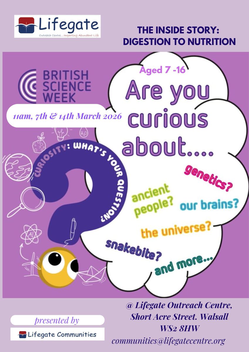It's days away! Countdown to <a href="/LifegateCentre/">Lifegate Outreach Centre</a> community science show in #Walsall.

7- 16 yrs old get to peek into the INSIDE STORY during #BritishScienceWeek 2026, ‘Curiosity: what’s your question?

#STEMLearning
<a href="/ScienceWeekUK/">British Science Week</a>