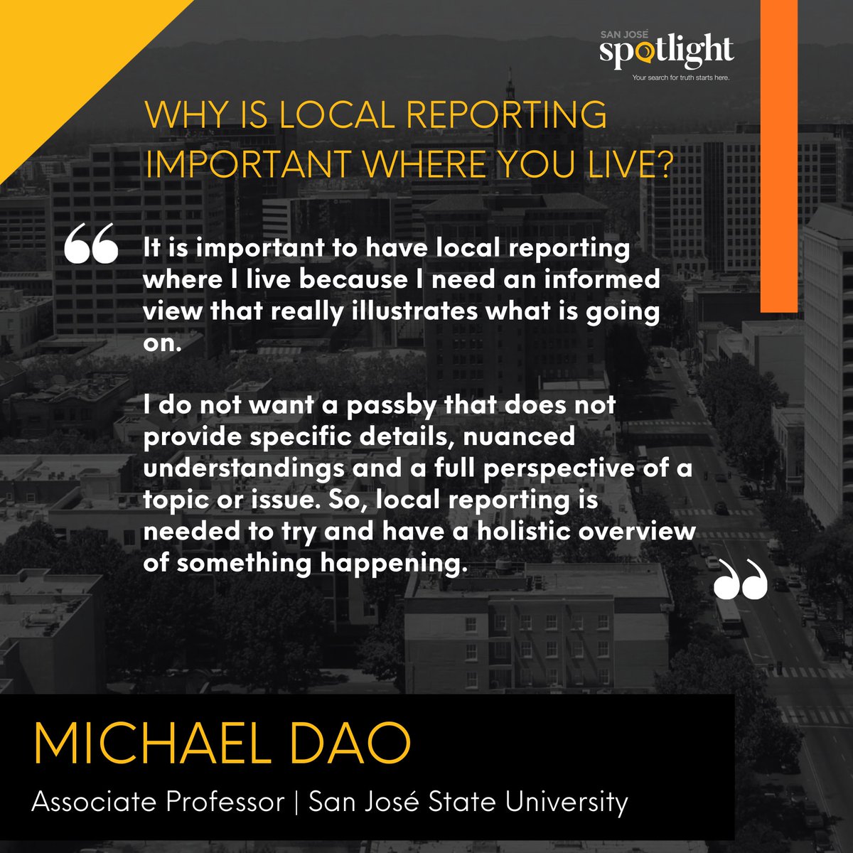 SJSpotlight's tweet image. How about a perspective from the classroom? 

San José native — and current Spotlight Board Member — Michael Dao shares his thoughts on the local community in this Reader Profile. 👨🏻‍💻📝

#SanJoseSpotlight, #IgniteEngageStrengthen, #SiliconValley, #SantaClaraCounty, #LocalNews