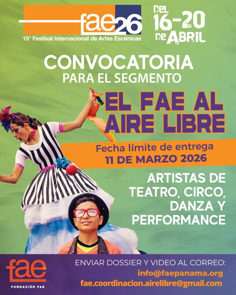 Invitamos a artistas de teatro, performance, circo y danza a postularse para nuestro segmento Al Aire Libre. Se parte del pasacalle y llena de vida el escenario de la plaza V Centenario. Buscamos propuestas vibrantes que conecten con el publico de forma única. #FAEPANAMÁ
