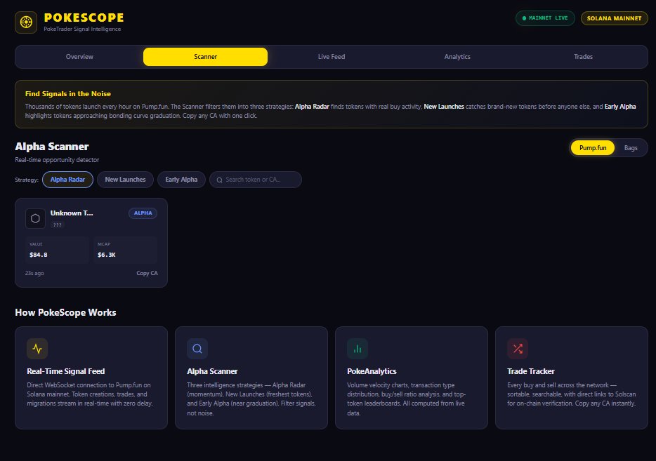 PokeTradersSol's tweet photo. 🚀 Introducing PokeScope

https://t.co/rTk39fsEVF

Real-time Solana signal intelligence built into PokeTrade

A full market monitoring terminal streaming live data from https://t.co/PmwsjB0KD0 mainnet via WebSocket.

━━━━━━━━━━━━━━━━━━
🧠 5 Operational Tabs

1️⃣ Overview
• Live volume velocity chart
• Active trader count
• New token launches
• Migration tracker
• Real-time market pulse stats

2️⃣ Scanner
• Alpha Radar
• New Launches
• Early Alpha
• Token card grid
• Contract address copy
• Source toggle between https://t.co/PmwsjB0KD0 and Bags

3️⃣ Live Feed
• Real-time firehose of
• Token creations
• Trades
• Migrations
• Pause and resume controls
• Event type filtering

4️⃣ Analytics
• Volume trend charts
• Transaction type breakdown pie chart
• Top 5 tokens by volume
• Live recalculation

5️⃣ Trades
• Sortable trade table
• Buy and sell filters
• Search
• Direct Solscan links
• One-click transaction hash copy

━━━━━━━━━━━━━━━━━━
⚙️ Under the Hood
• Direct WebSocket connection to wss://pumpportal.fun/api/data
• Server-side SOL/USD price caching via CoinGecko with 60 second refresh and backend fallback
• Token metadata proxy for CORS-safe resolution
• 6 new backend API endpoints for price, stats, metadata, search, and token data
• Fully responsive across desktop, tablet, and mobile
• 13 new files
• 3,698 lines of code
• Zero impact on existing platform

Navigation updated site-wide.

PokeScope is accessible from desktop nav, mobile menu, and all page footers.

$PokéTrade | https://t.co/i7tnjh5Bxx
