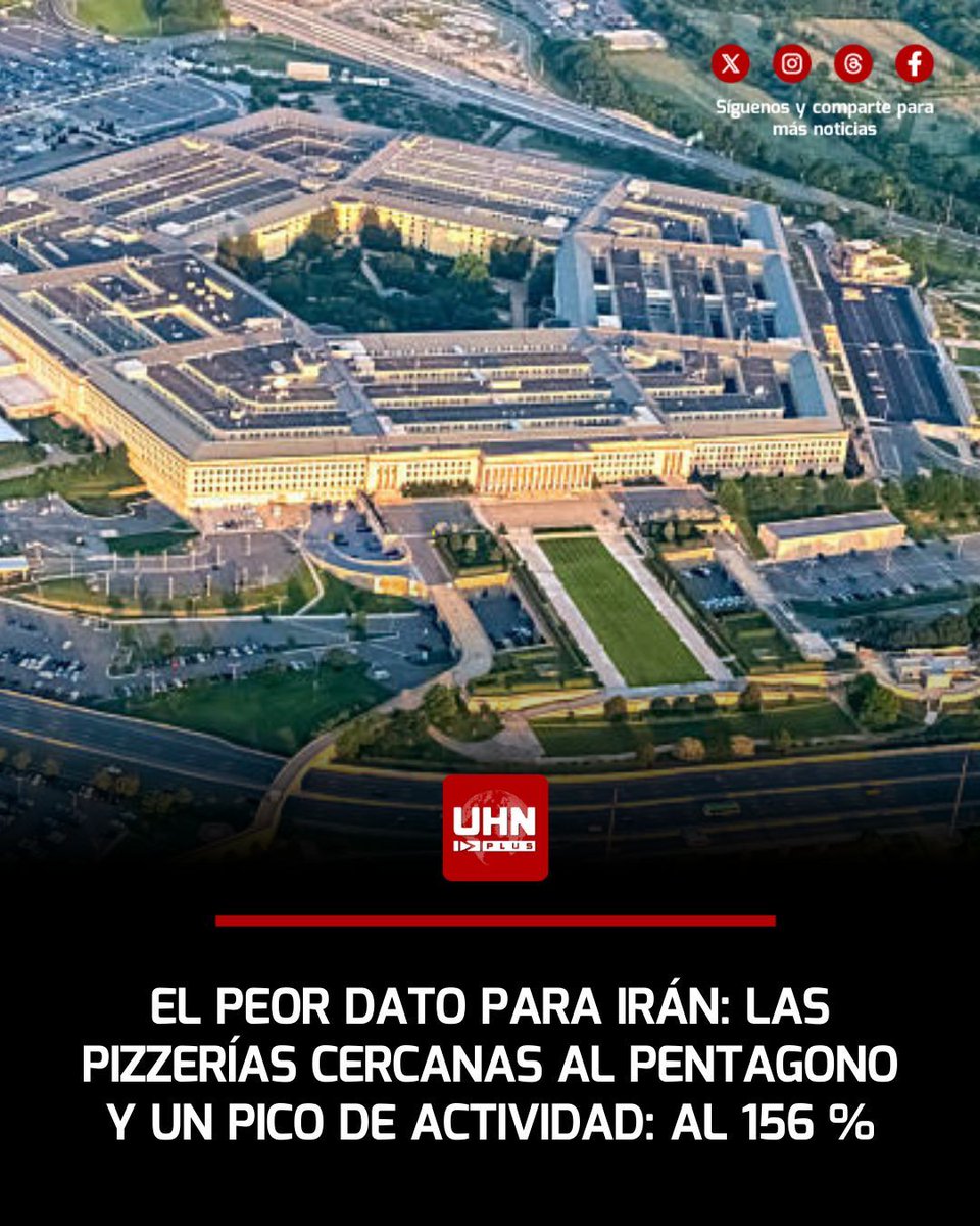 UHN_Plus's tweet photo. 🇮🇷��🇸‼️ | El llamado “Pentagon Pizza Index”, teoría informal que asocia picos de pedidos en el Domino’s cercano al Pentágono con inminentes crisis militares, registró esta noche un aumento del 156% en plena tensión por posibles nuevos ataques a Irán. Horas antes, Donald Trump advirtió que “pronto vendrá la gran ola de ataques”, alimentando la expectativa de una escalada mayor.