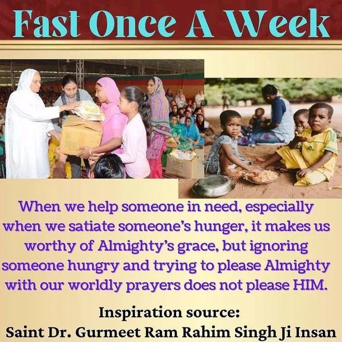 Cutipie__d's tweet photo. Followers of Saint Gurmeet Ram Rahim Ji observe a weekly fast under His divine inspiration.
The purpose is not only spiritual growth but also to cultivate self-discipline and a sense of humanity. This fast connects devotion with service to mankind. #FeedTheNeedy https://t.co/QK3mhWWyW4