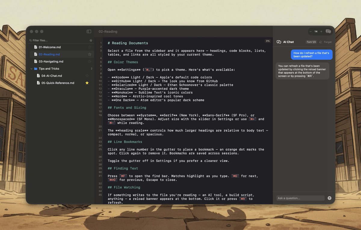 AI 生成的 Markdown 文档越来越多，散落在项目各个文件夹里，每次查看都要打开代码编辑器，看个文档还得面对一堆代码文件。 刚好发现 ...