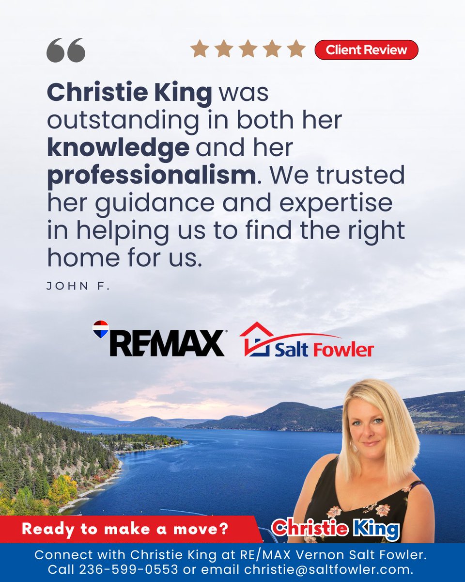LisaSalt's tweet image. Grateful for reviews that reflect the experience we strive to create. ✨ Supporting our clients is always at the heart of what we do. 🎉

#JustAddSalt #SaltFowler #REMAXVERNON #RealEstate #VernonRealtor