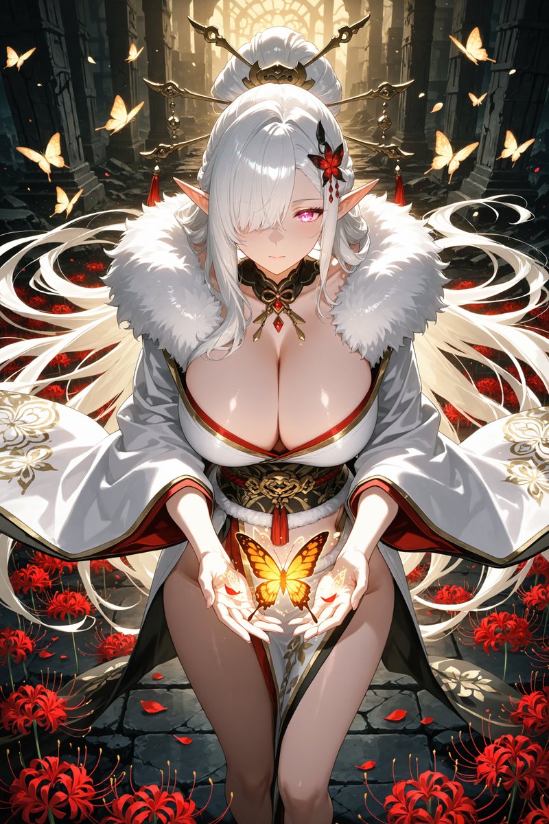 aksole83's tweet photo. Cradling a spectral butterfly among crimson higanbana, she watches over the threshold of death and rebirth.

What would you ask this ancient elf if you stood before her? 👀🖤🦋

#AnimeOC #FantasyElf #RedSpiderLily #AIArt #Mysterious #ButterflyMotif https://t.co/GvuqVFMTyk