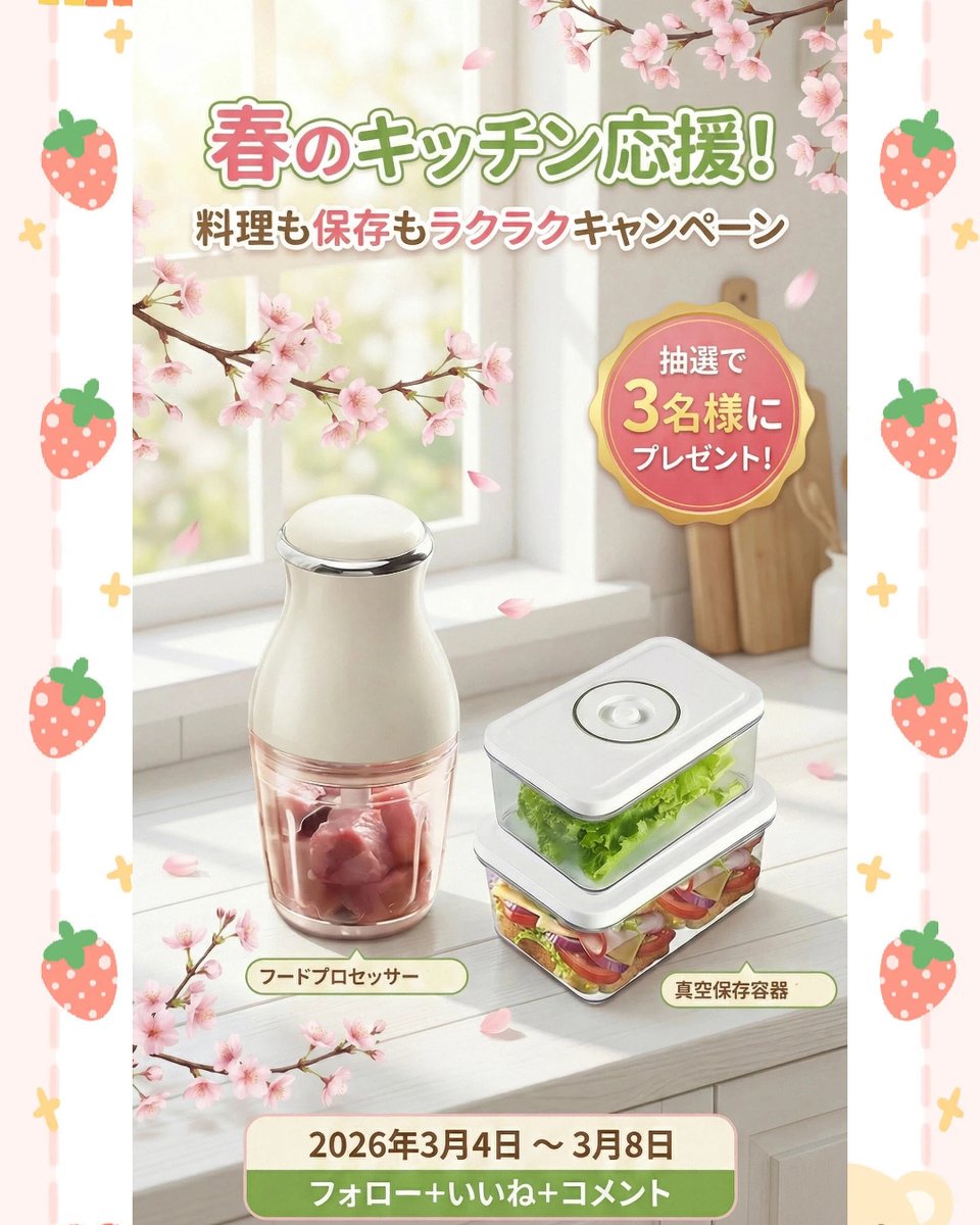 🍳🎁 春のキッチン応援！
料理も保存もラクラクキャンペーン 🎁🍳

春の新生活応援！
 フードプロセッサー ×1／真空保存容器 ×2 を
抽選で 3名様 にプレゼント！

📅応募期間
3/4 ～ 3/8

【応募方法】
① フォロー
② いいね
③ この投稿をリポスト
④ コメント
