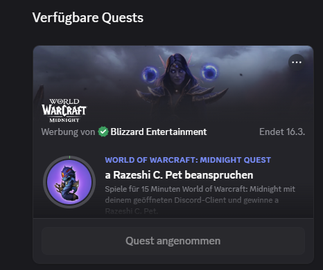 Craft12354's tweet photo. Neue Discord Quest für ein Pet 🥳
(Einstellungen -> Geschenkeinventar -> Quests anzeigen)

#Warcraft #Midnight https://t.co/Nl4ztHnLOQ