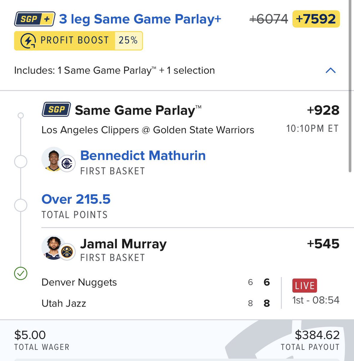 RoxPicks's tweet photo. Mathurin BRING US HOME 💰‼️

NBA LOTTO 03/2 🚨🚨🚨

Jamal Murray First Basket ✅

Bennedict Mathurin First Basket 👀

Clippers vs Warriors Over 215.5… 

#nbalotto #dailypicks #parlay #fanduelparlays #fanduel #clippers #warriors https://t.co/b9yZpqA8Vl