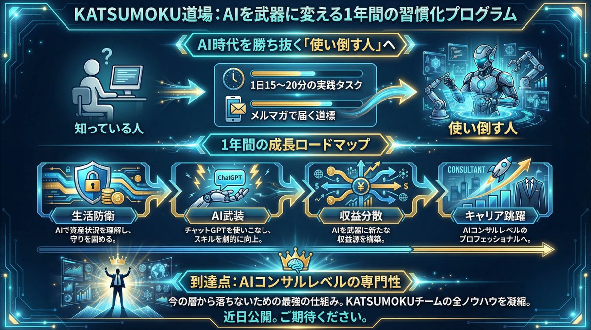 【　KATSUMOKU道場公開間近　】

AI時代は「知っている人」より「使い倒す人」が勝つ時代です。

KATSUMOKU道場は、毎日15分から20分の実践タスクでAIを“武器”に変える習慣化プログラムです。

生活防衛→AI武装→収益分散→キャリア跳躍まで一気通貫で1年間の教育プログラムです。