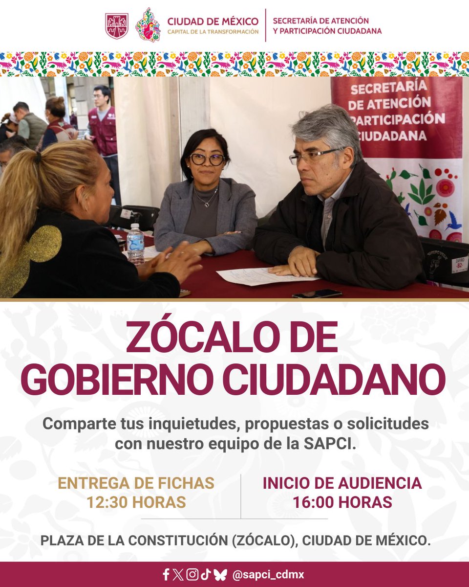SAPCI_CDMX's tweet photo. Este martes 3 de marzo te esperamos en el Zócalo de Gobierno Ciudadano, en donde diversas dependencias del @GobCDMX escuchan y atienden de manera directa tus solicitudes y propuestas para seguir avanzando en la #CapitalDeLaTransformación. 💬

👉🏼 El registro inicia a las 12:30 h. https://t.co/q7n1y8oPSV