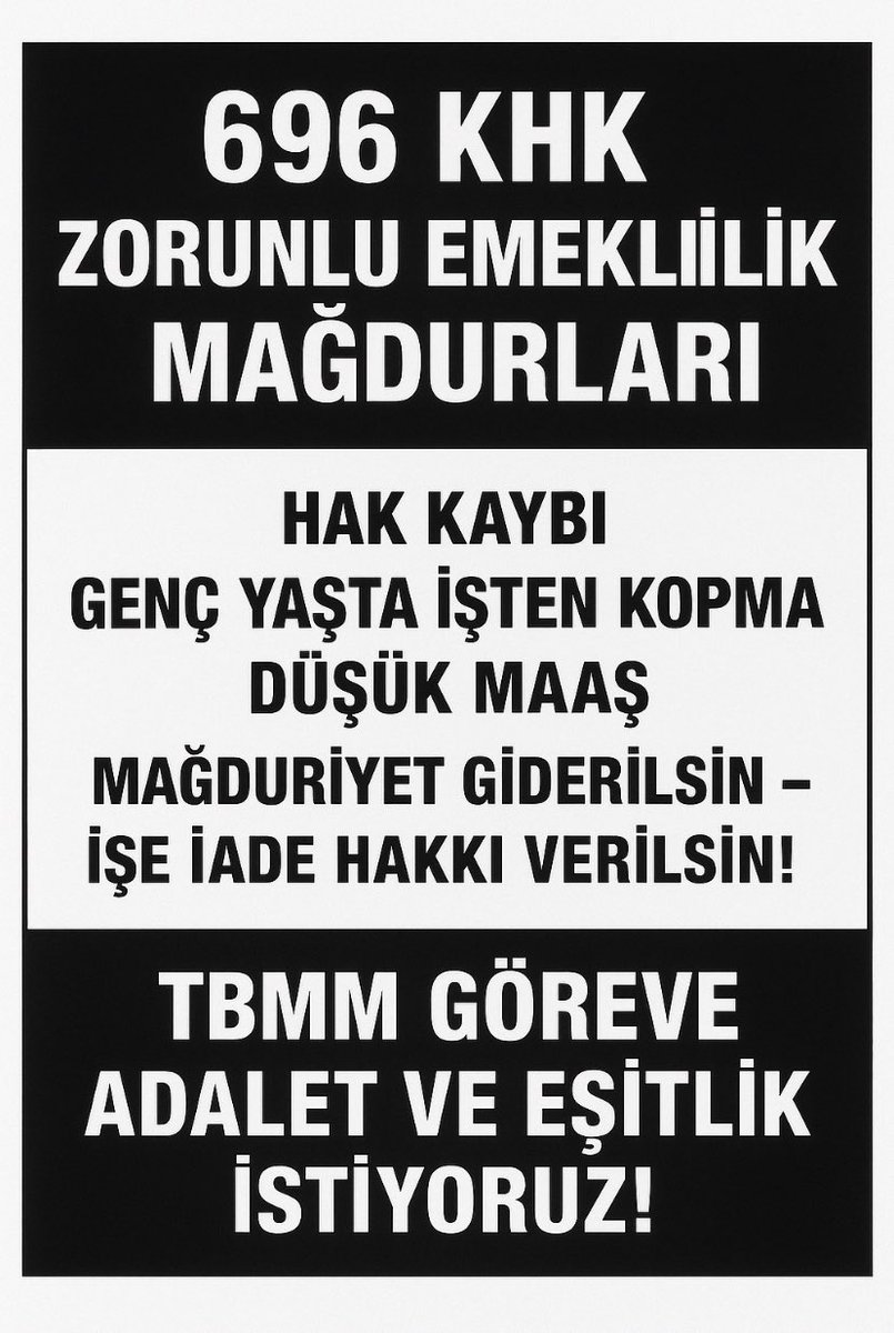#696KHKlıGençEmekliler
◾696 KHK ile on binlerce işçi Zorla Emekli Edilerek mağdur edildi
◾En düşük maaşa mahkûm edilerek geçim derdine düşürüldü,
◾Kamu, yetişmiş iş gücünü kaybetti
◾İŞİMİZİ GERİ İSTİYORUZ!
<a href="/RTErdogan/">Recep Tayyip Erdoğan</a> <a href="/dbdevletbahceli/">Devlet Bahçeli</a> <a href="/eczozgurozel/">Özgür Özel</a> <a href="/isikhanvedat/">Prof. Dr. Vedat Işıkhan</a> <a href="/RTEdijital/">Erdoğan Dijital Medya</a>