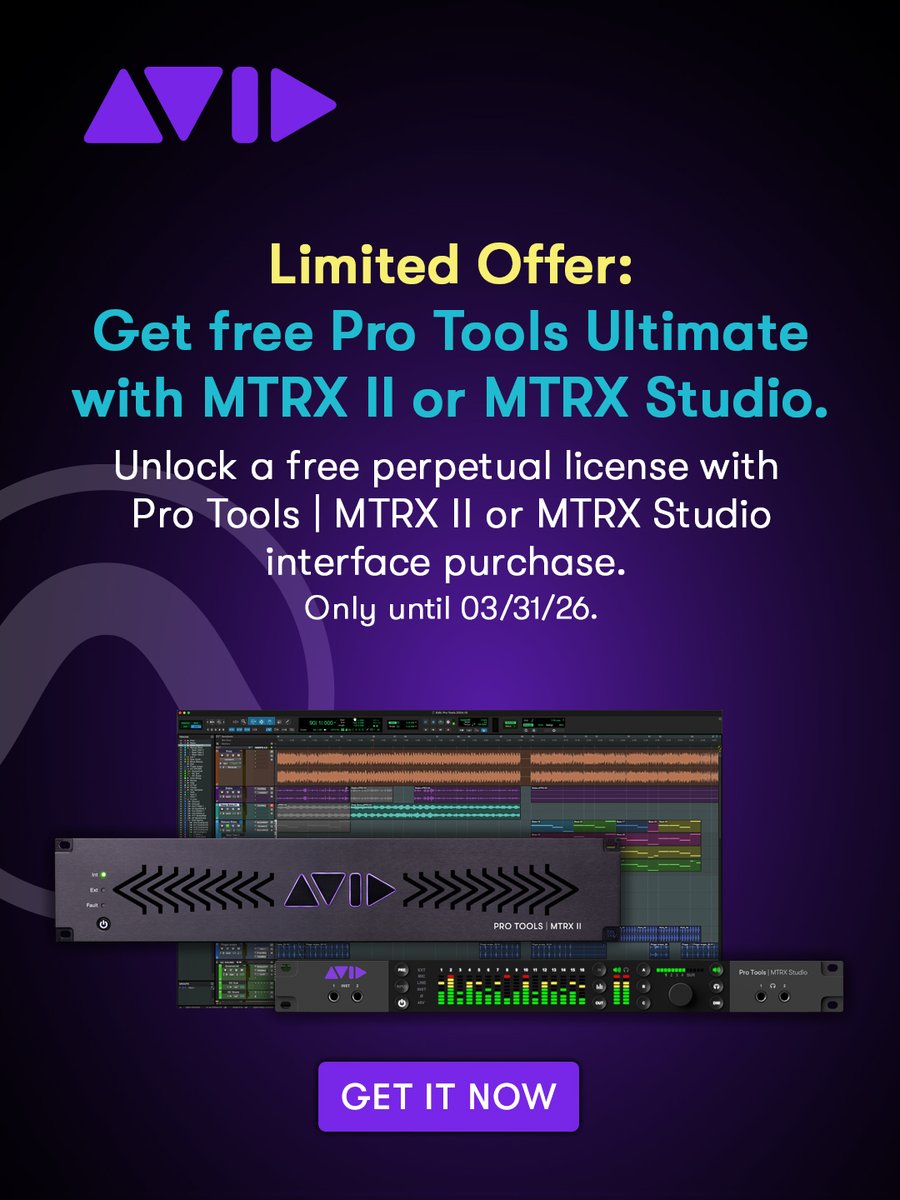 AvidProTools's tweet image. Upgrade your studio with a MTRX or MTRX Studio interface and get a free Pro Tools Ultimate perpetual license—offer ends March 31, 2026

▶️ avid.co/Ne7150XTxPH

#mtrxstudio #mixing #recording #protools #avid #avidprotools #musicproduction #daw #avidcreator
