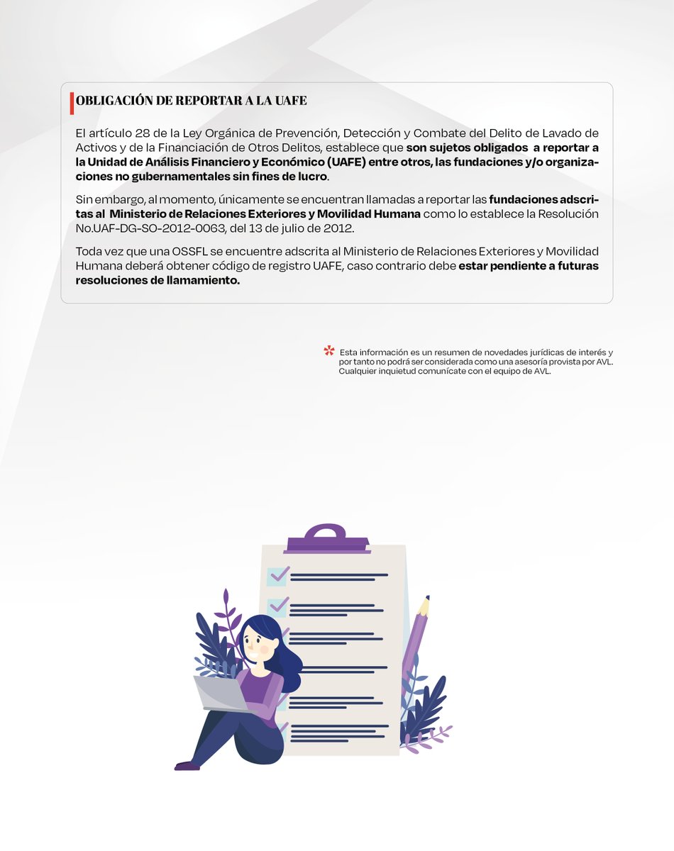 AVL INFORMA 🟥📰 | 💡 ⬇️ 

🔊🔊 Organizaciones Sociales sin Fines de Lucro (OSSFL), ONG y corporaciones que operan en el Ecuador ⬇️ estas son algunas de sus obligaciones legales.

📋 Consúltalas ⬇️

📌avl.com.ec/recordatorio-o…