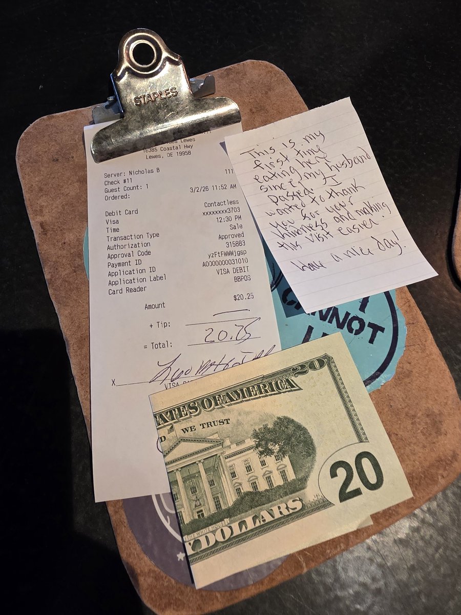 She came in alone, sat at a high top. 

I greeted "just you?" 

"Yes, just me" 

Ordered a well done burger, that's it. 

I knew it would take a bit, so I checked on her a few times. Offered cornbread. 

"No thank you" 

Burger finally arrived. 

"Everything was great. Thank you"