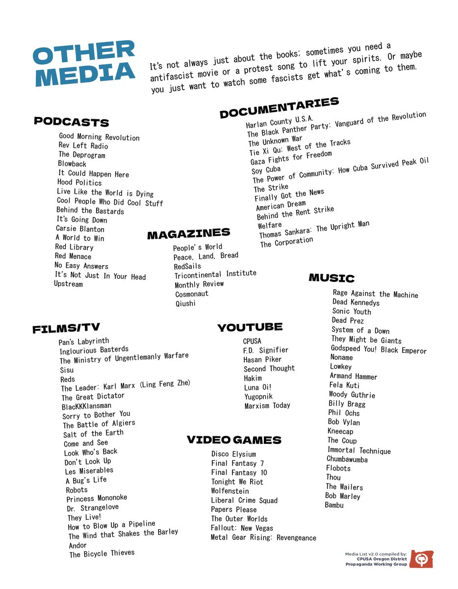 PortlandCPUSA's tweet photo. The Oregon District has compiled our suggested reading list! This goes from introducing the concepts to people completely new to Marxism Leninism to more advanced study for those that are well versed. We also included non-book media to enjoy. https://t.co/n8NJqGJxOs
