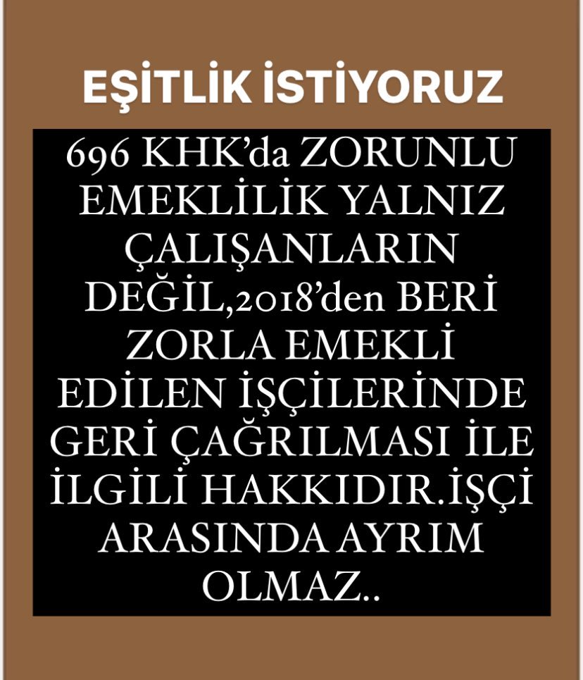 #696KHKlıGençEmekliler
◾696 KHK ile on binlerce işçi Zorla Emekli Edilerek mağdur edildi
◾En düşük maaşa mahkûm edilerek geçim derdine düşürüldü,
◾Kamu, yetişmiş iş gücünü kaybetti
◾İŞİMİZİ GERİ İSTİYORUZ!
<a href="/RTErdogan/">Recep Tayyip Erdoğan</a> <a href="/dbdevletbahceli/">Devlet Bahçeli</a> <a href="/eczozgurozel/">Özgür Özel</a> <a href="/isikhanvedat/">Prof. Dr. Vedat Işıkhan</a> <a href="/RTEdijital/">Erdoğan Dijital Medya</a>
