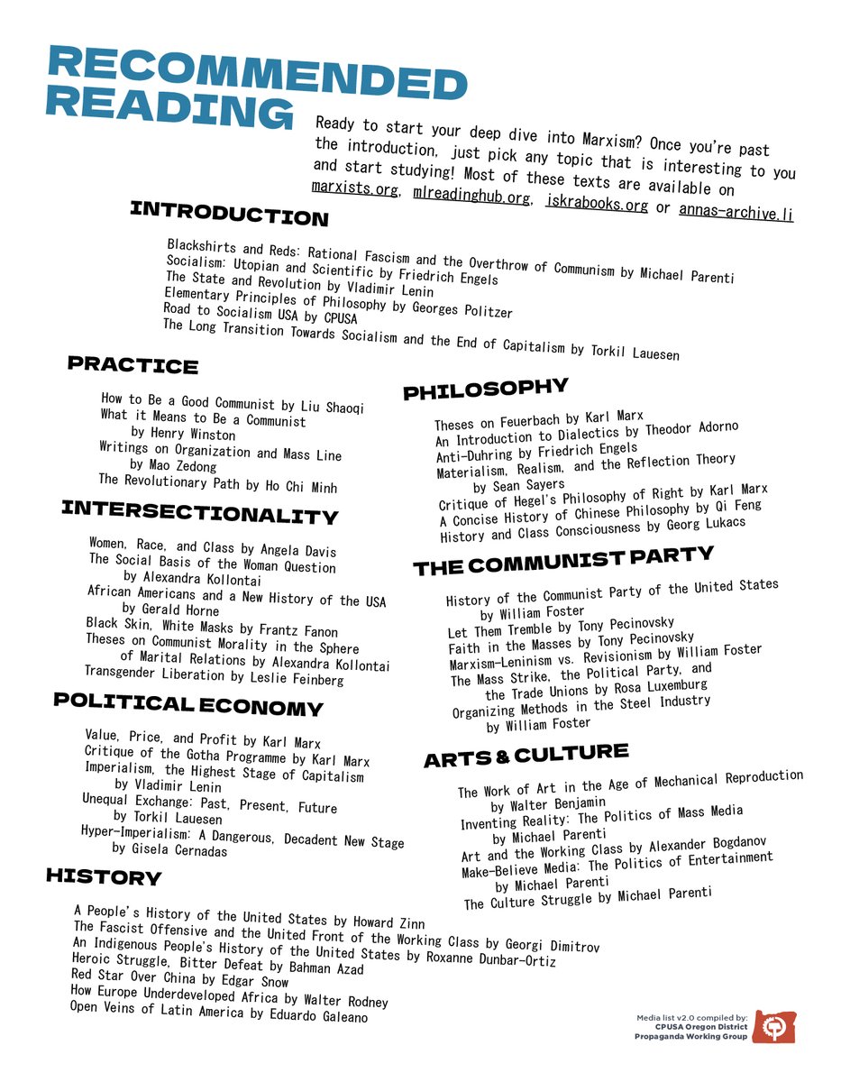 PortlandCPUSA's tweet photo. The Oregon District has compiled our suggested reading list! This goes from introducing the concepts to people completely new to Marxism Leninism to more advanced study for those that are well versed. We also included non-book media to enjoy. https://t.co/n8NJqGJxOs