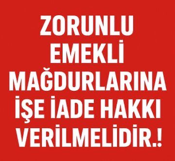 #696KHKlıGençEmekliler
◾696 KHK ile on binlerce işçi Zorla Emekli Edilerek mağdur edildi
◾En düşük maaşa mahkûm edilerek geçim derdine düşürüldü,
◾Kamu, yetişmiş iş gücünü kaybetti
◾İŞİMİZİ GERİ İSTİYORUZ!
<a href="/RTErdogan/">Recep Tayyip Erdoğan</a> <a href="/dbdevletbahceli/">Devlet Bahçeli</a> <a href="/eczozgurozel/">Özgür Özel</a> <a href="/isikhanvedat/">Prof. Dr. Vedat Işıkhan</a> <a href="/RTEdijital/">Erdoğan Dijital Medya</a>