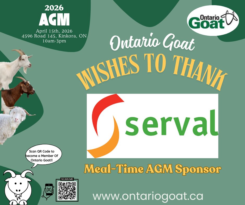 Ontario Goat would like to thank you to our Meal-time AGM sponsor #serval. #alymersalesbarn #embrunsalesbarn #brusselssalesbarn #kawarthalakessalesbarn #OSI #olex #wallensteinfeed&amp;supplyltd #greenoakdairyequipment #newlifemills #serval #jonesfeedmillsltd#CMGA #CNGF