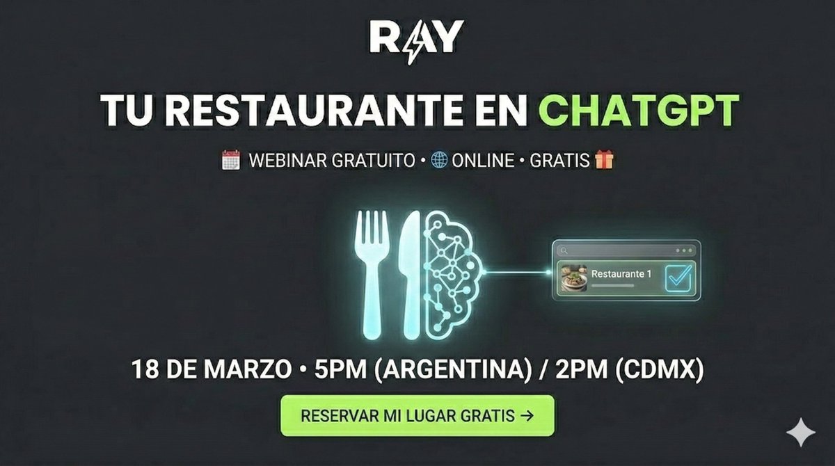 therayapp's tweet photo. Hoy los consumidores deciden dónde comer preguntándole a ChatGPT.

El 18 de Marzo daremos un webinar gratuito explicando cómo funciona y qué puede hacer un restaurante para aparecer ahí. Los esperamos !

https://t.co/7yS6CwZdOK https://t.co/DSQQaIUMGW