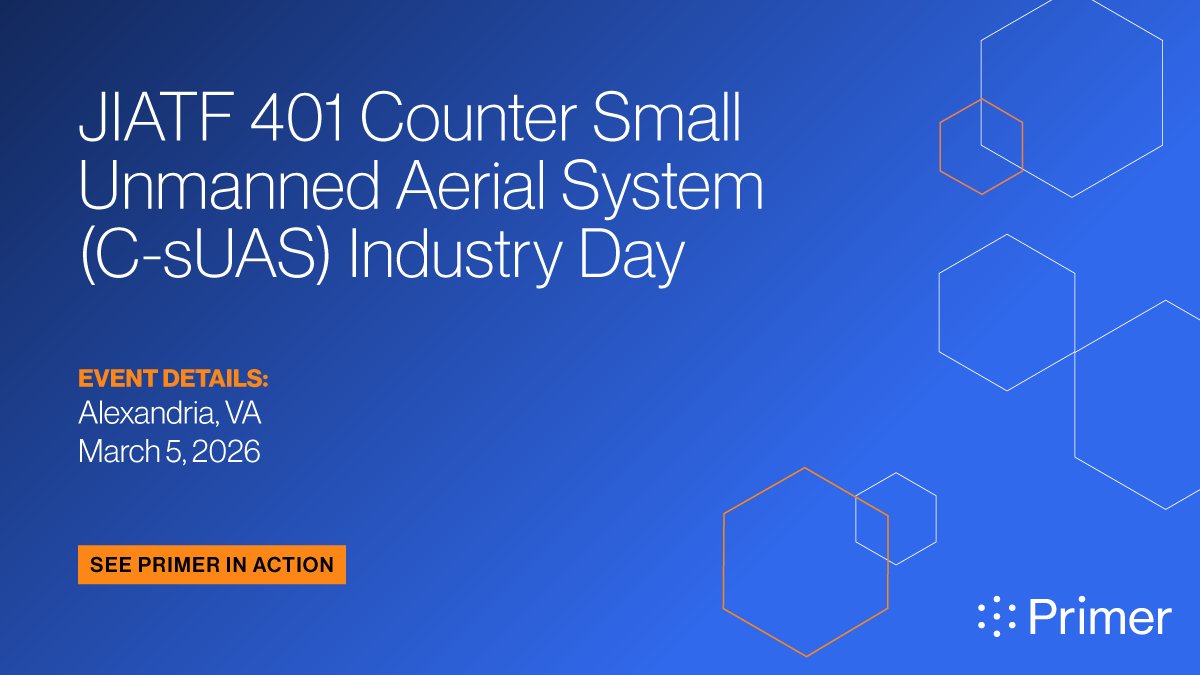 primer_ai's tweet photo. We’re headed to Alexandria this week for the JIATF 401 C-sUAS Industry Day!
Primer will be showcasing how our threat intelligence capabilities leverage PAI &amp; proprietary data to support the Counter-Small UAS mission and evolving DoW priorities. https://t.co/spy7nVWHlm