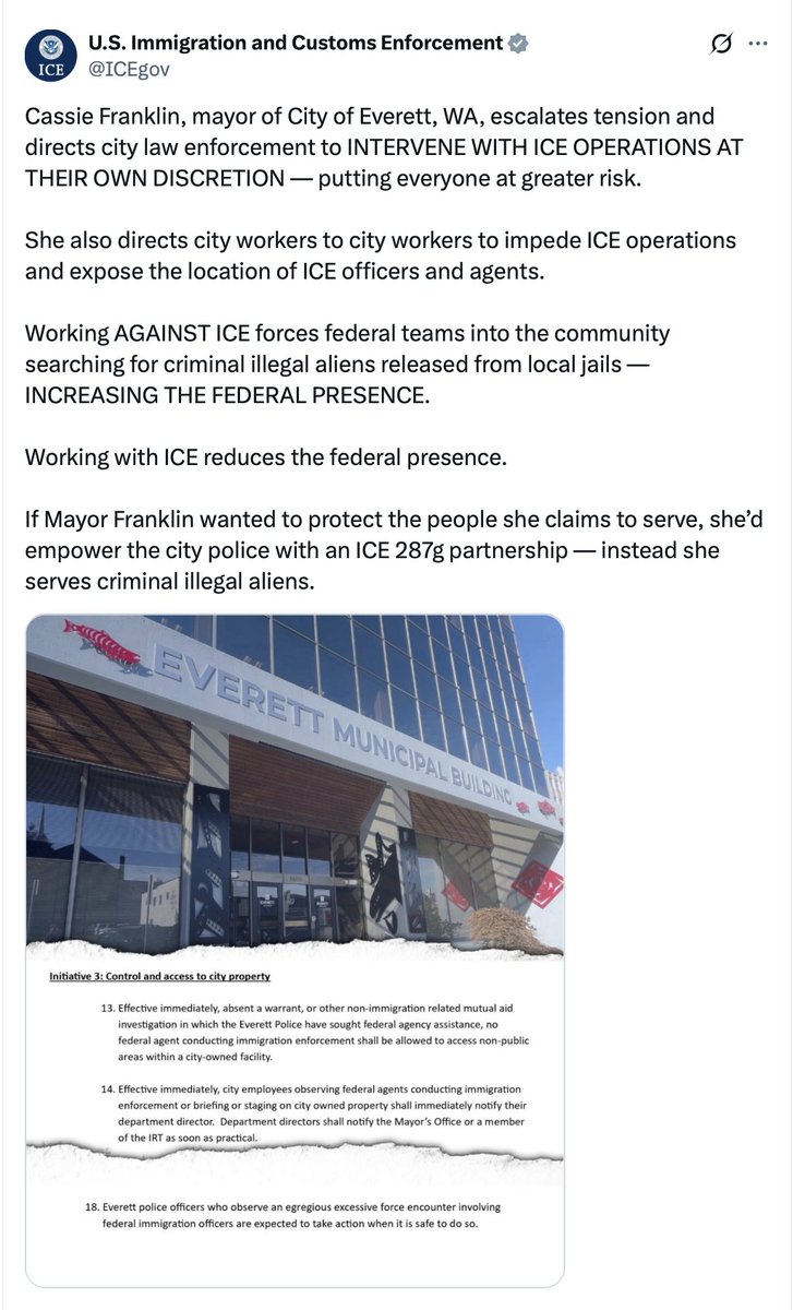🇺🇸 FPIW Action calls for the arrest of the Mayor of Everett for impeding the work of ICE. Everett, Washington makes national social media news from ICE. ICE points out that the Mayor of Everett “serves criminal illegal aliens” and is “escalating tension” because she is directly