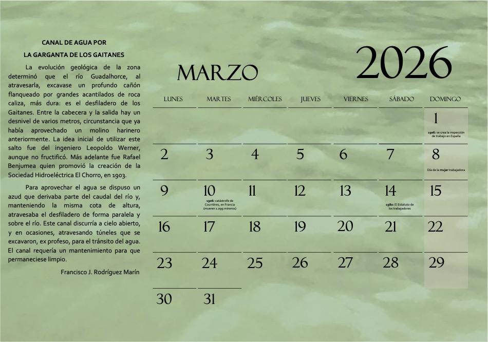 Apidma's tweet photo. 📆En marzo, dedicamos nuestro almanaque al canal de agua que discurre por la garganta de los Gaitanes, en el marco de la industria hidroeléctrica El Chorro. ¡Feliz mes! https://t.co/IRB9P1PYV2
