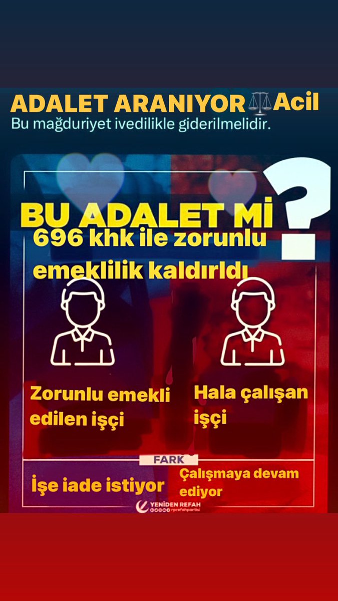 #696KHKlıGençEmekliler
◾696 KHK ile on binlerce işçi Zorla Emekli Edilerek mağdur edildi
◾En düşük maaşa mahkûm edilerek geçim derdine düşürüldü,
◾Kamu, yetişmiş iş gücünü kaybetti
◾İŞİMİZİ GERİ İSTİYORUZ!
<a href="/RTErdogan/">Recep Tayyip Erdoğan</a> <a href="/dbdevletbahceli/">Devlet Bahçeli</a> <a href="/eczozgurozel/">Özgür Özel</a> <a href="/isikhanvedat/">Prof. Dr. Vedat Işıkhan</a> <a href="/RTEdijital/">Erdoğan Dijital Medya</a>