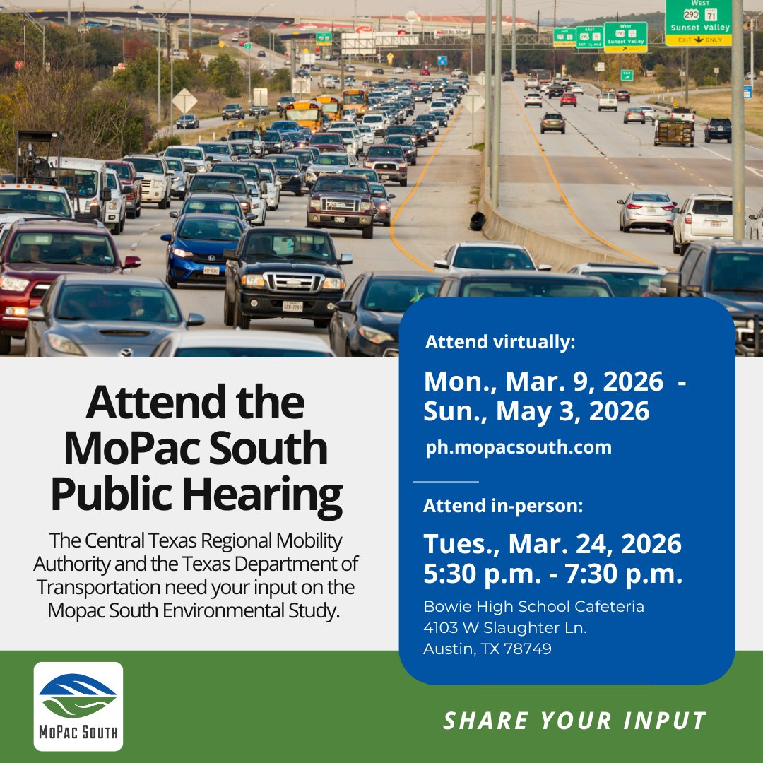 MopacSouth's tweet photo. One week until the Public Hearing and comment period opens. Join us online beginning Mar. 9 at 5 p.m. or in-person on Mar. 24. Participants will be able explore information about the draft EA and share feedback. Learn more: https://t.co/0uSkQJ7LE1 https://t.co/yGacjcl00A