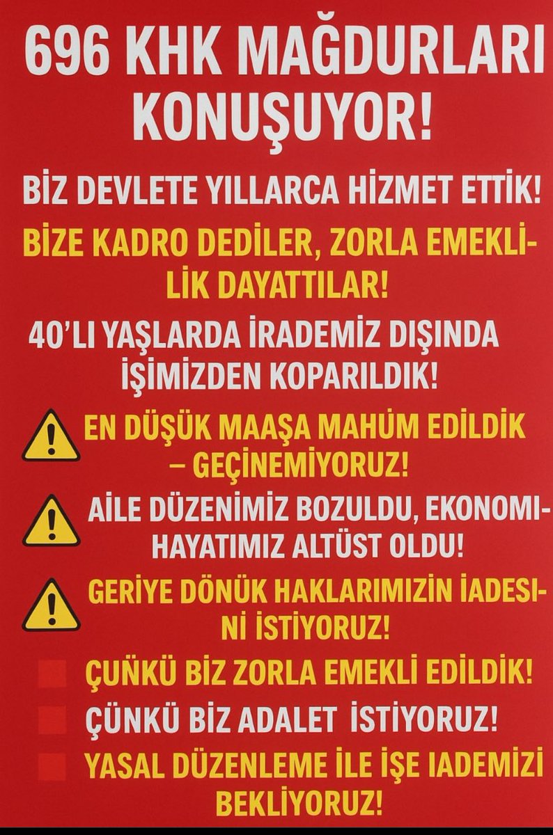 #696KHKlıGençEmekliler
◾696 KHK ile on binlerce işçi Zorla Emekli Edilerek mağdur edildi
◾En düşük maaşa mahkûm edilerek geçim derdine düşürüldü,
◾Kamu, yetişmiş iş gücünü kaybetti
◾İŞİMİZİ GERİ İSTİYORUZ!
<a href="/RTErdogan/">Recep Tayyip Erdoğan</a> <a href="/dbdevletbahceli/">Devlet Bahçeli</a> <a href="/eczozgurozel/">Özgür Özel</a> <a href="/isikhanvedat/">Prof. Dr. Vedat Işıkhan</a> <a href="/RTEdijital/">Erdoğan Dijital Medya</a>