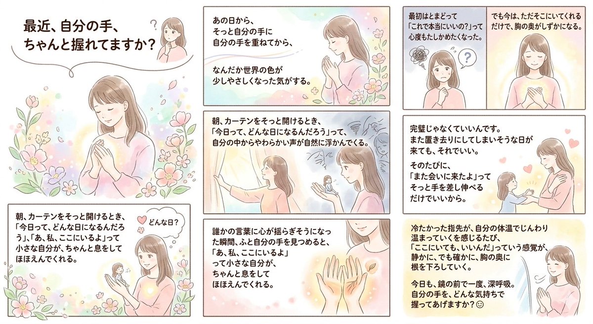 xwv821's tweet photo. 最近、  
自分の手、ちゃんと握れてますか？

そっと自分の手に
自分の手を重ねてから、  
なんだか世界の色が少し
やさしくなった気がする。

最初はとまどって
「これで本当にいいの？」って  
心がざわざわゆれて、
何度もたしかめたくなった。

でも今は、  
ただそこにいてくれるだけで、  
胸の奥がしずかになる。

朝、カーテンをそっと開けるとき、  
「今日って、どんな日になるんだろう」
って、  自分の中からやわらかい声が
自然に浮かんでくる。

誰かの言葉に
心が揺らぎそうになった瞬間、  
ふと自分の手を見つめると、  
「あ、私、ここにいるよ」って  
小さな自分が、
ちゃんと息をしてほほえんでくれる。

完璧じゃなくていいんです。  
また置き去りに
してしまいそうな日が来ても、  
それでいい。

そのたびに、  
「また会いに来たよ」って  
そっと手を差し伸べるだけでいいから。

冷たかった指先が、  
自分の体温でじんわり
温まっていくのを感じるたび、  
「ここにいても、いいんだ」っていう
感覚が、  

静かに、でも確かに、胸の奥に根を下ろしていく。

今日も、鏡の前で一度、深呼吸。  

自分の手を、どんな気持ちで握ってあげますか？☺️