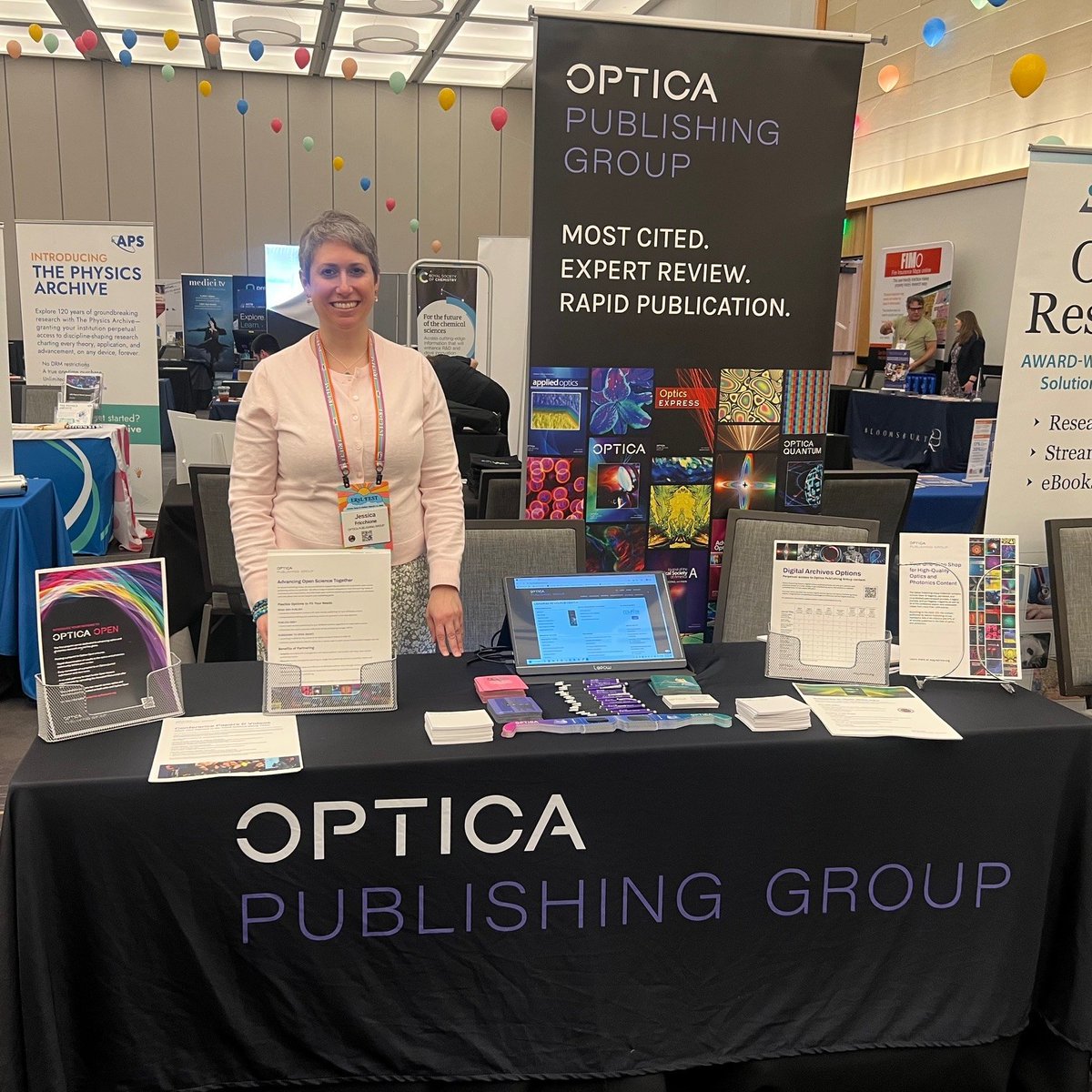 OpticaPubsGroup's tweet photo. Our new Director of Sales (Americas), Jess Fricchione, is attending #ERL2026 in Austin, TX. Today and tomorrow, stop by Booth 820 to say hello! Learn about our new initiatives (e.g., JOSA B S2O pilot) or pick up Opticat hologram glasses or stickers. https://t.co/xtyvkZksIo