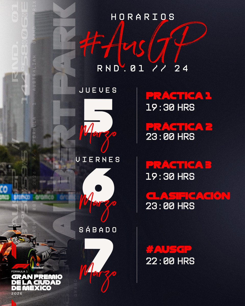 mexicogp's tweet photo. Toma nota 📝

Estos son los horarios del #AusGP. Que no se te pase ninguna sesión.

#Formula1 https://t.co/A2kLJD4zxA