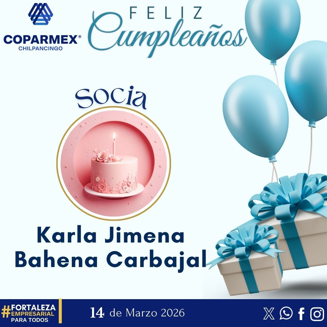 🎉🎂 Queremos extender nuestra felicitación a nuestra Socia Karla Jimena Bahena Carbajal por su cumpleaños. 🎉💐

🎁 ¡Que cada día esté marcado por logros personales, profesionales, y su vida se inunde de alegría, paz y amor! 💐

#FortalezaEmpresarialParaTodos #Cumpleaños