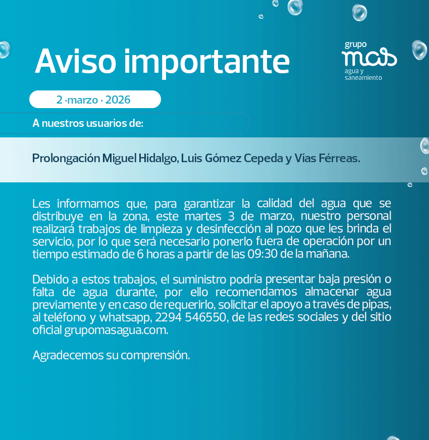 GrupoMASAgua's tweet photo. Aviso importante a nuestros usuarios de:
Prolongación Miguel Hidalgo, Luis Gómez Cepeda y Vías Férreas. 💧
#GrupoMAS #Veracruz https://t.co/WGiLsspCJZ