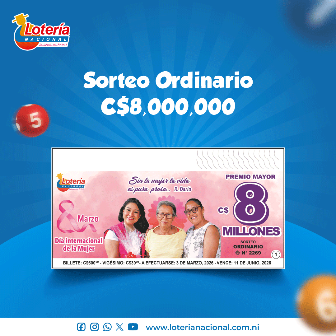 📣Mañana martes 3 de marzo tendremos el Sorteo N° 2269 con un Premio Mayor de 8 Millones de córdobas 💰💰
👉Vigésimo: C$ 30
👉Billete: C$ 600

#Nicaragua #Sorteo