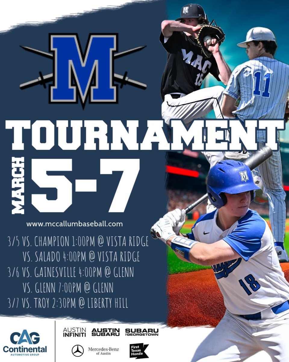 MacKnightBSBL's tweet photo. The McCallum Knights looks to extend their strong start to the season with a series of five games over three days during the Leander ISD Tournament. Thursday, March 5th they'll take on Boerne Champion at 1PM and Salado at 4PM at Vista Ridge High School, Friday, March 6th they'll battle Gainesville at 4PM and Glenn at 7PM at Glenn High School, and they'll wrap up the series against Troy on Saturday, March 7 at 2:30PM at Liberty Hill School. There is unfavorable weather in the forecast so please check IG or X for game updates before proceeding to the field. 

A very heartfelt thank you goes out to the Continental Auto Group--Austin Infiniti, Austin Subaru, and Subaru Georgetown, and Mercedes-Benz of Austin for their generous sponsorship of McCallum Baseball! Go Knights!!! ⚔️⚾️💪 

@macstudentmedia @var_austin @AISDAthletics @TxHS_Baseball 
@McCallumHS 

@AustinINFINITI @AustinSubaru @SubaruofGTown @MercedesBenzATX