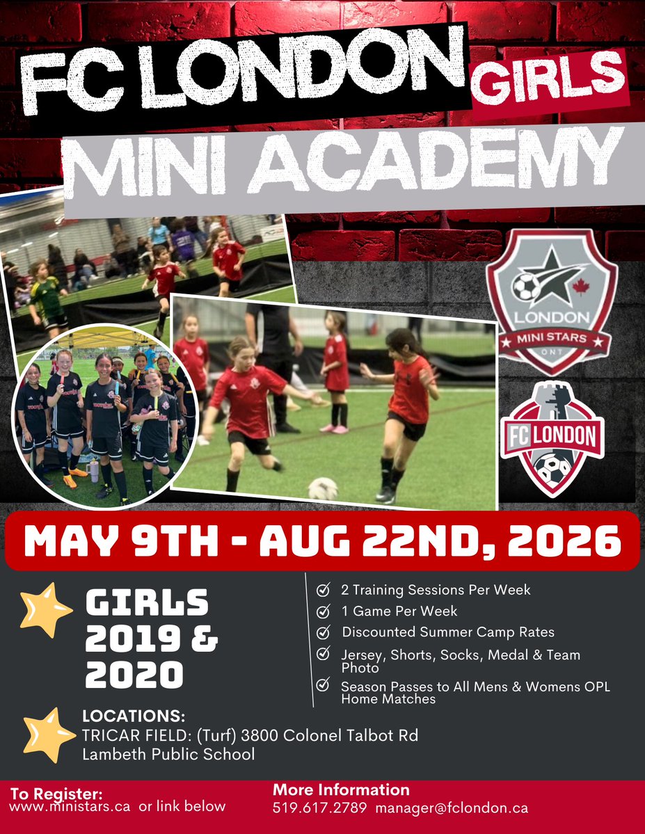 2️⃣0️⃣2️⃣6️⃣  FCL MINI FEMALE PROGRAM  NOW OPEN ❗️ 

• 2x per week training session  
• 1 x per week, Mini game 
• Adidas kit: jersey, shorts, socks
• Season pass to FC London home games. 
• discounted rates on camps and swag. 

HOW TO REGISTER: ⤵️
ministars.sportngin.com/register/form/…