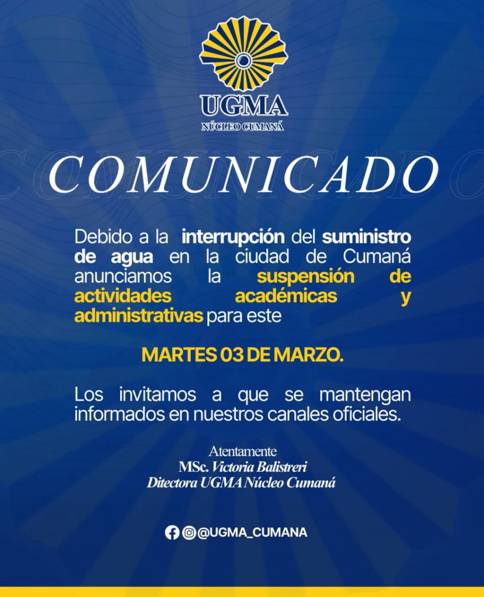 ElMedioVen's tweet photo. 🚨 #Ahora | Ante la prolongada falta de agua en el estado Sucre, las universidades Gran Mariscal de Ayacucho [Ugma] y la Politécnica del Oeste de Sucre “Clodosbaldo Russian” [Uptoscr] extendieron su suspensión de clases hasta este martes, #3Mar. https://t.co/jfzWLhxO2k