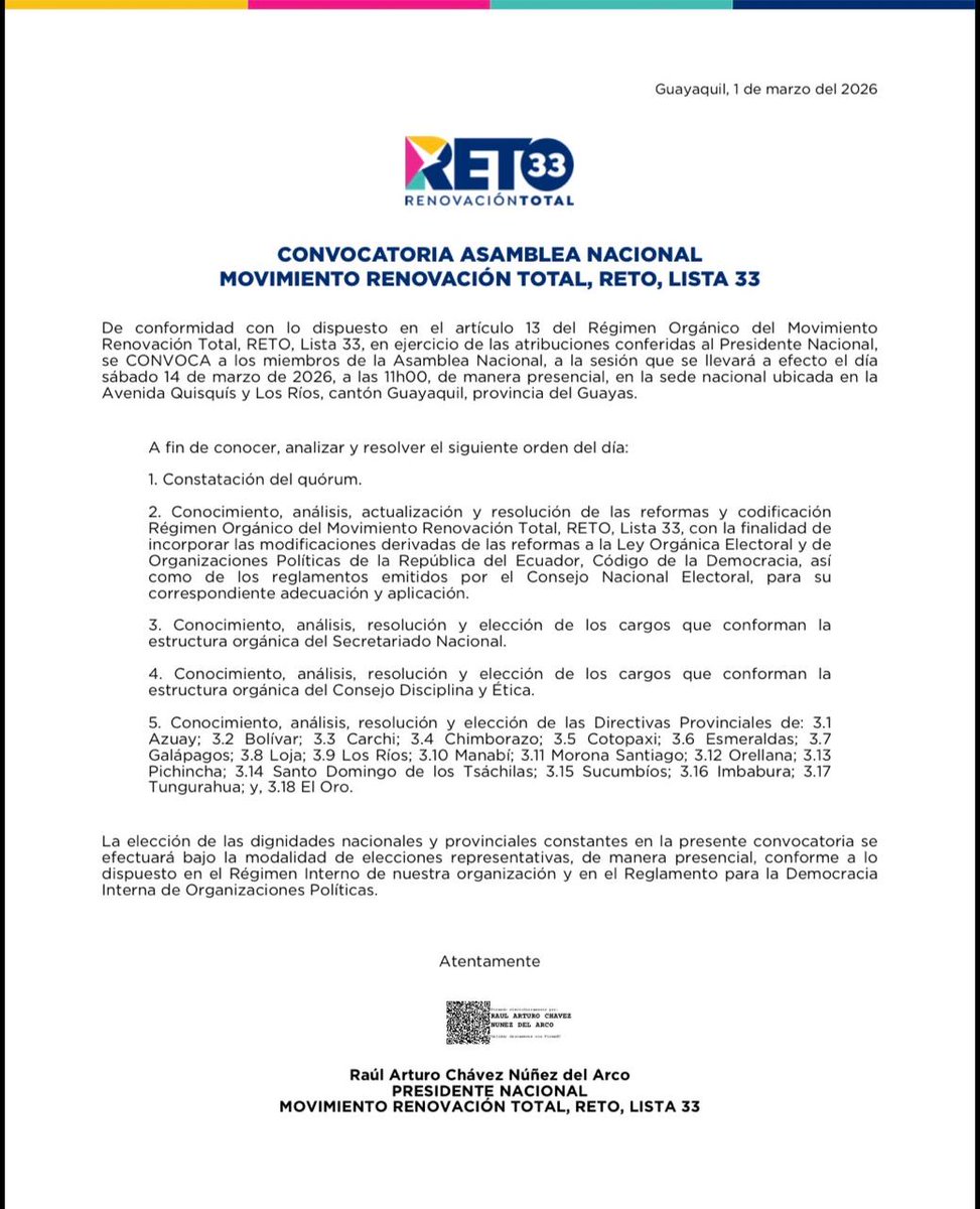 omairalgf's tweet photo. RETO fortalece su estructura a nivel nacional 🇪🇨
El movimiento convocó a su Asamblea Nacional para el próximo 14 de marzo en Guayaquil, donde se abordará la actualización de su régimen interno y la elección de directivas nacionales y provinciales.
#RETO33 https://t.co/h5zSmO97Gk