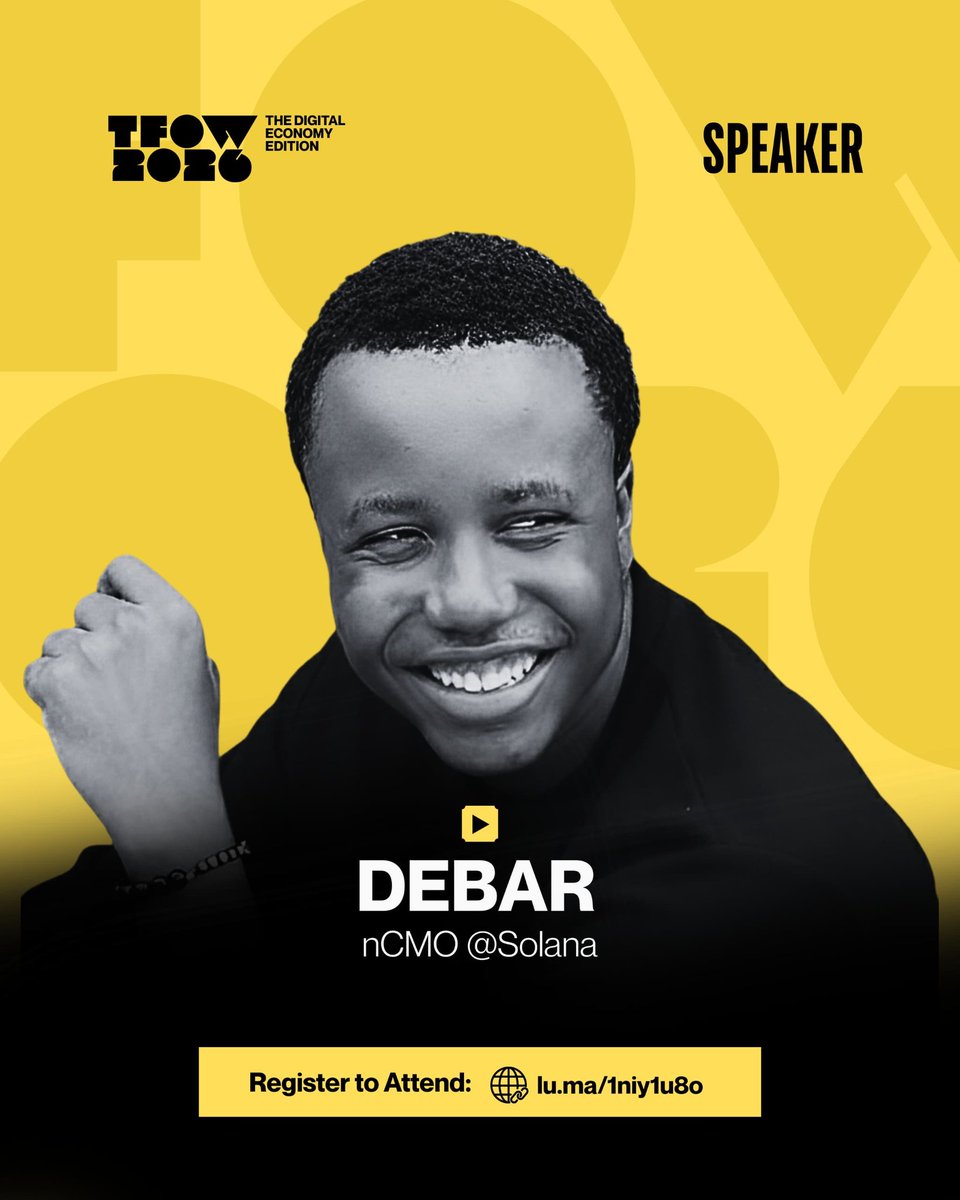 Web3ghostWrita's tweet photo. Join Africa's Voice of @Solana, the legendary Debar (@debar_fx) at #TFOW26 as he speaks on "The Future of Money: Opportunities in The Digital Economy”.

Debar drives growth and ecosystem architecture across Solana DeFi as the nCMO @solana. This is an innovation congress! https://t.co/NNooGAe5Ps